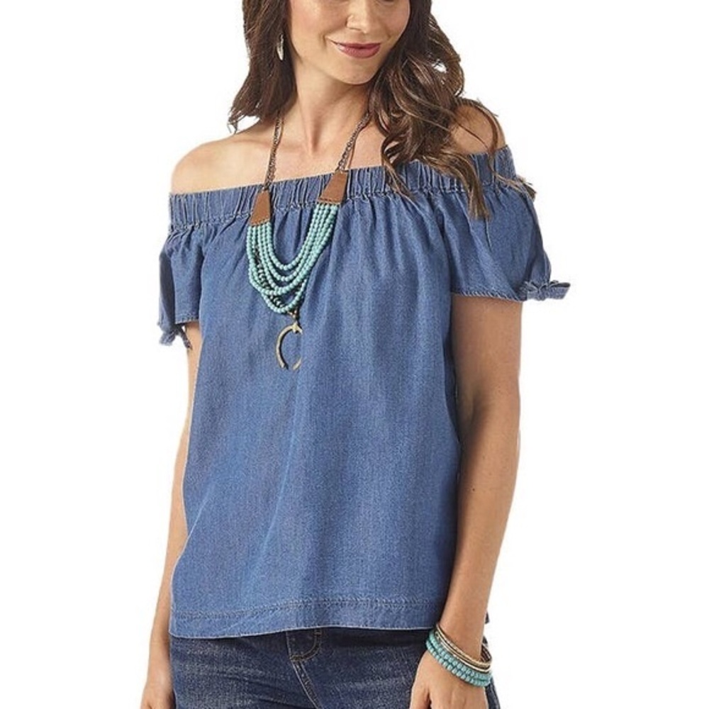 Wrangler Retro Blue Chambray Short Sleeve Off The Shoulder Flowy Top